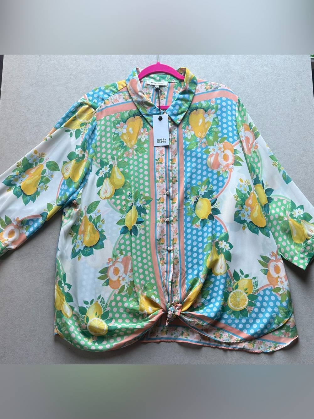 Rose & Olive Yellow Green Blue Fruit-Print Button Down Shirt - Picture 1 of 16